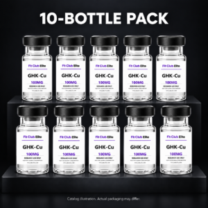 Catalog illustration of 10 GHK-Cu bottles, 100 mg per bottle; not an actual inventory photograph.