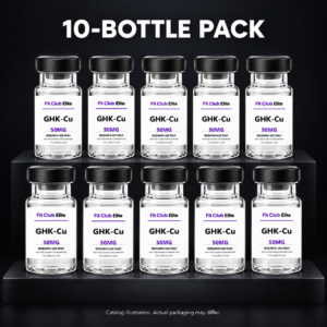 Catalog illustration of 10 GHK-Cu bottles, 50 mg per bottle; not an actual inventory photograph.