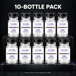 Catalog illustration of 10 Ipamorelin bottles, 10 mg per bottle; not an actual inventory photograph.