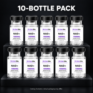 Catalog illustration of 10 NAD+ bottles, 1000 mg per bottle; not an actual inventory photograph.