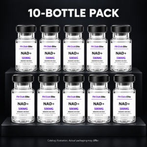 Catalog illustration of 10 NAD+ bottles, 500 mg per bottle; not an actual inventory photograph.